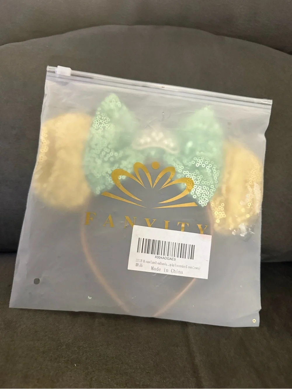 Sequin Mouse Ear Headband with Green Bow and Gold Ears